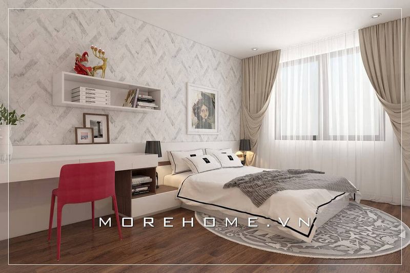 Giường ngủ chung cư được thiết kế theo phong cách hiện đại, đơn giản cùng gam màu trắng tạo sự đồng nhất cho cả không gian phòng ngủ